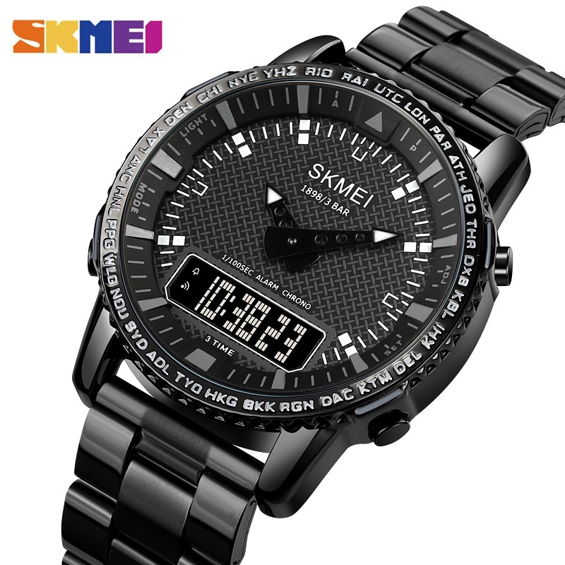 SKMEI 1898 Jam Tangan Pria Digital Analog 3Time Chronograph Tali Stenlis Sport Watch WATCHKITE WKOS