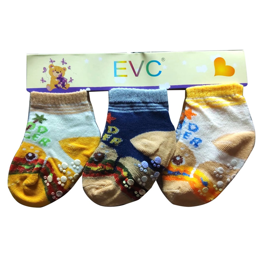 Kaos Kaki Bayi EVC 3pcs dengan Karet Anti Selip Baby Newborn