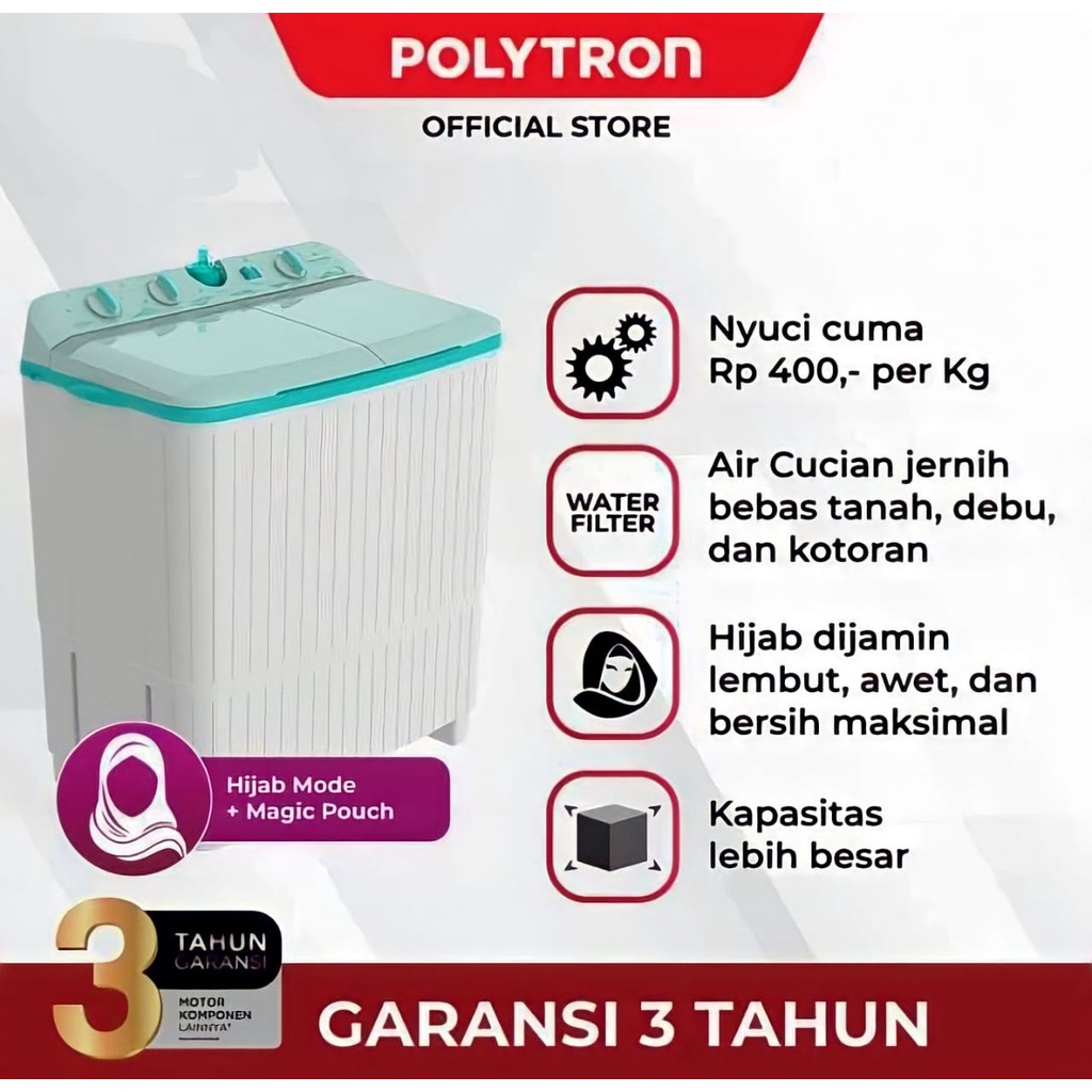 Polytron Mesin Cuci 2 Tabung 9KG PWM 9076 G Y