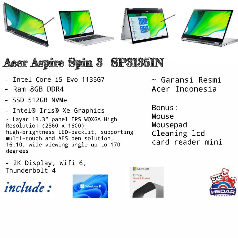 Acer spin 3 i5 1135G7 8GB 512GB Intel IRIS XE W11 OHS 13 FHD