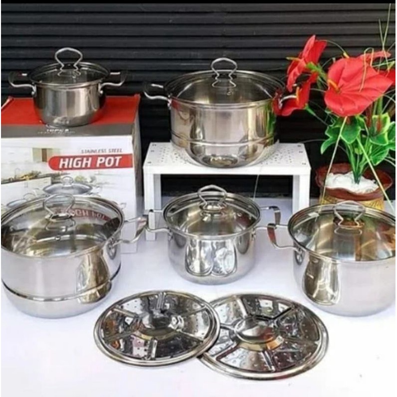 Panci set steamer High pot Tutup kaca 5 pcs/kukus