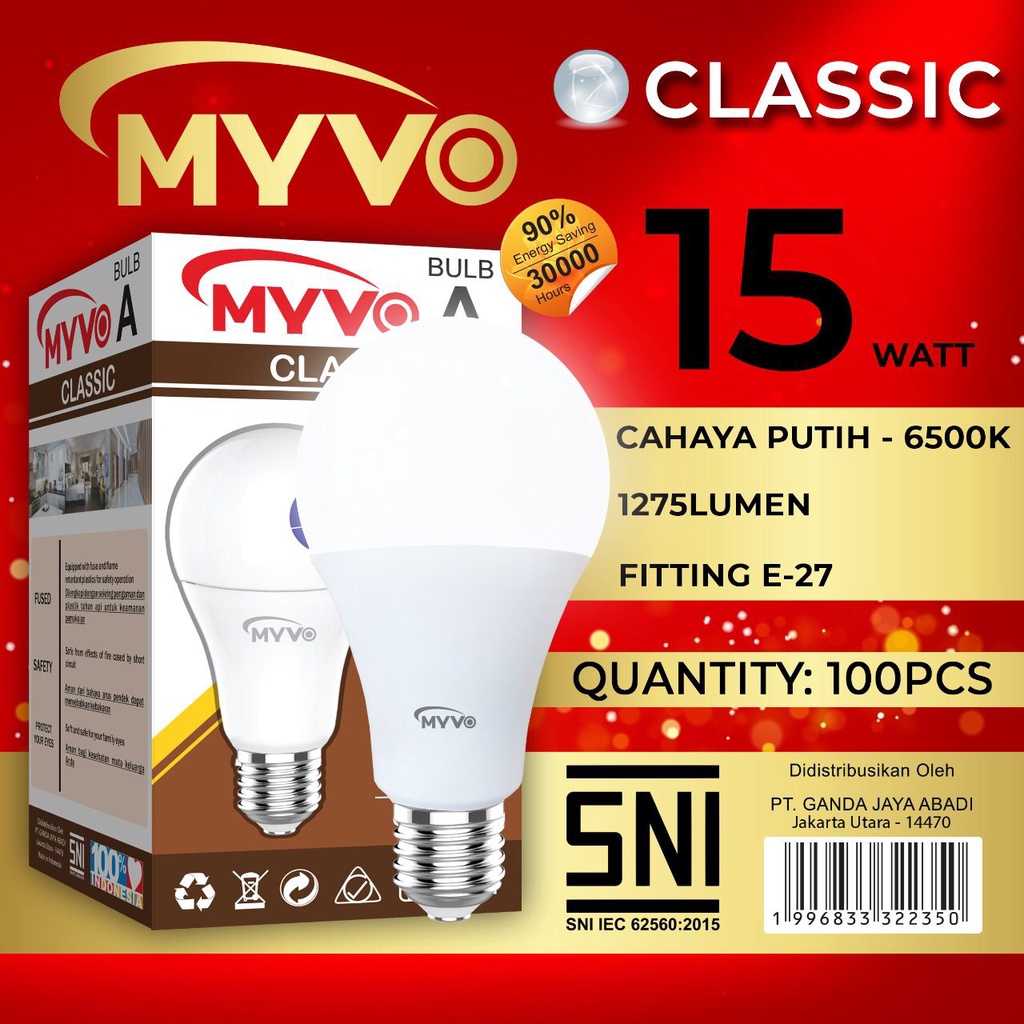 Lampu Led 15watt Myvo Classic A Bulb Cahaya Putih Bergaransi