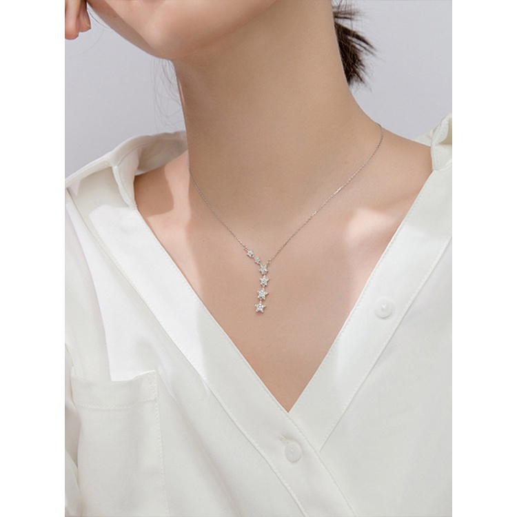 Kalung Rantai Sterling Silver 925 Simple Dengan Liontin Bintang Zircon Berkilau Untuk Wanita