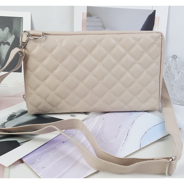 Tas Selempang Muat HP Dompet Simpel Quilted Kulit Motif Kotak Sling Bag Lokal KT001