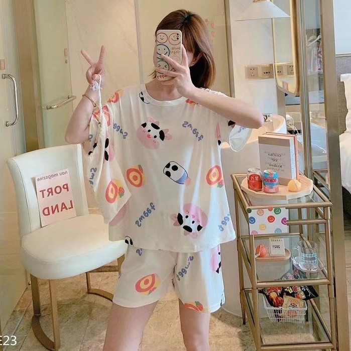 Piyama Baju Tidur Import Wanita Fashion Sleepwear Spandex Stelan Rumah Baju Santai Celana Pendek z-POUCH-Cow Milk Cake