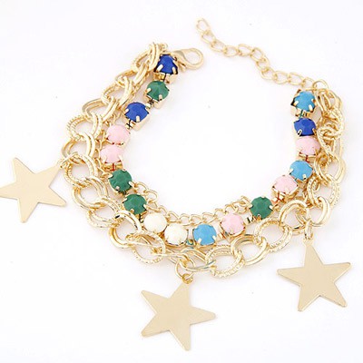 LRC Gelang Fashion Multicolor Gemstone Decorated Star Shape Design Alloy Korean Fashion Bracelet A39