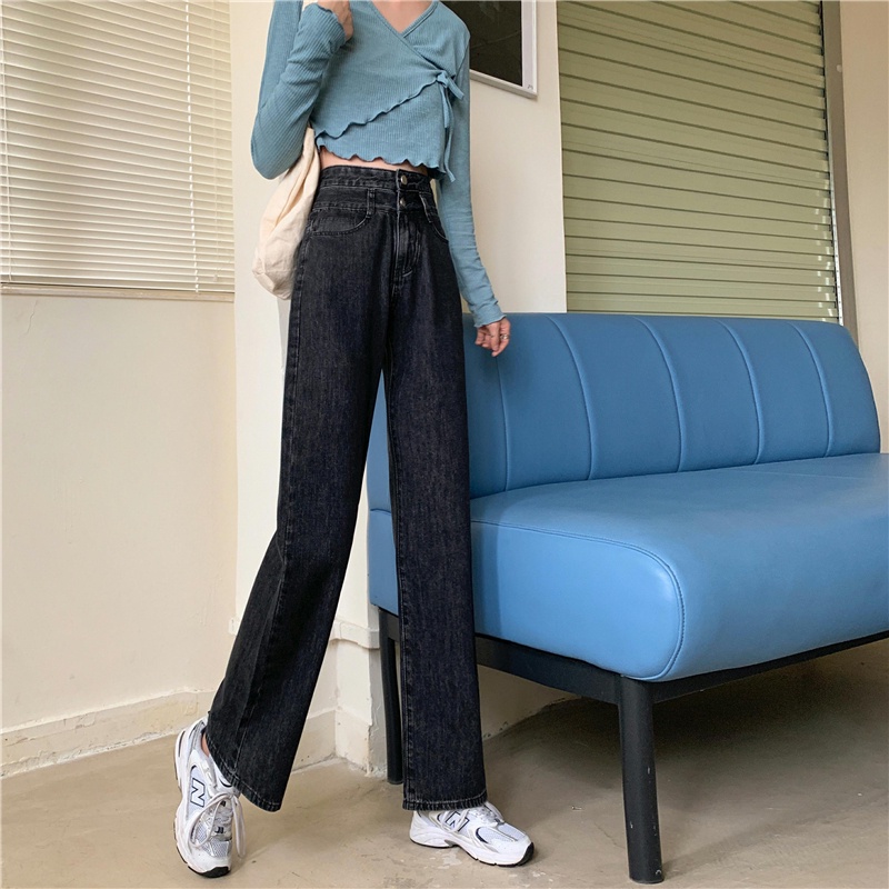 Celana panjang wanita baru slim-fit high-waist straight-leg jeans（Two buttons）