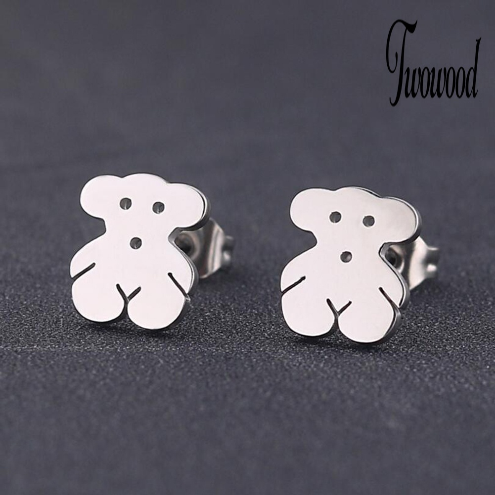 Anting Stud Bentuk Kartun Beruang Bahan Stainless Steel Untuk Wanita