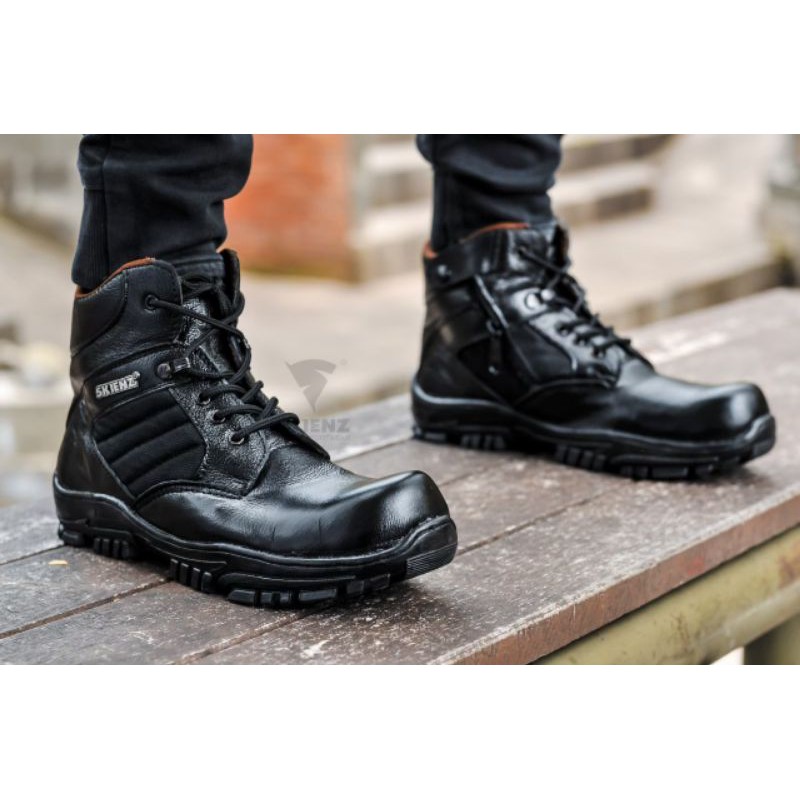 Sepatu Safety Boots Pria 100% Kulit Asli Biker Touring Boot Cordura Black JENGGEL SEMI FULL LEATHER