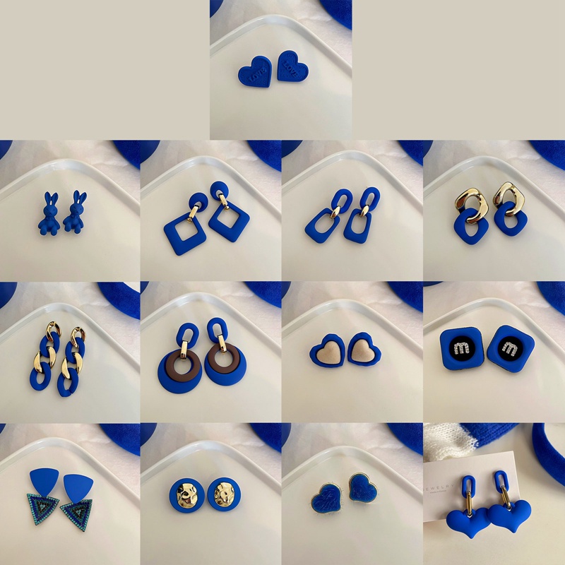 Anting Rantai Panjang Bentuk Bulat Hati Geometris Bahan Akrilik Warna Biru Gaya Vintage Untuk Wanita