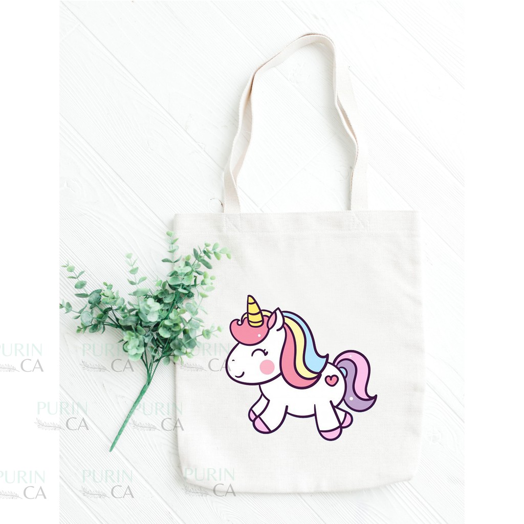 Tote bag Kanvas Gambar Unicorn Rainbow Cute