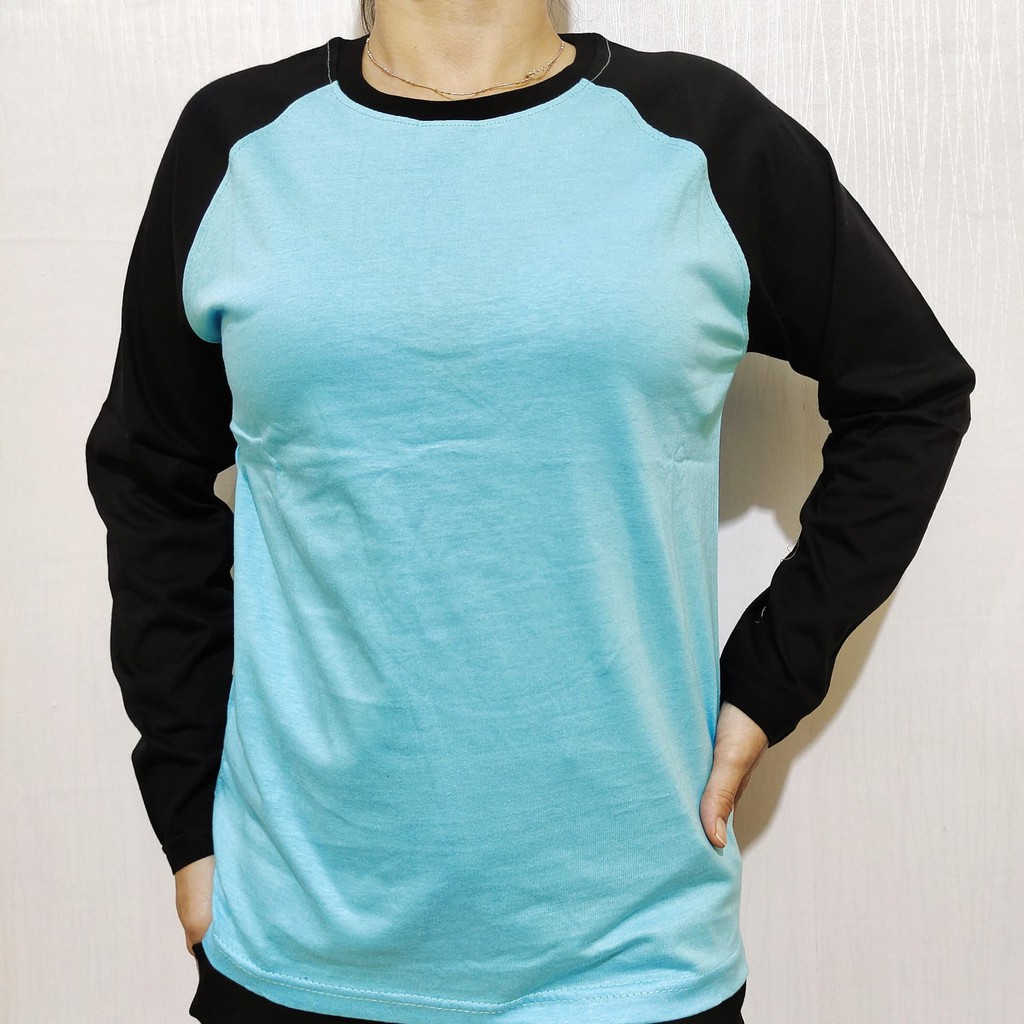 Kaos polos raglan Skyblue lengan hitam panjang M L XL XXL