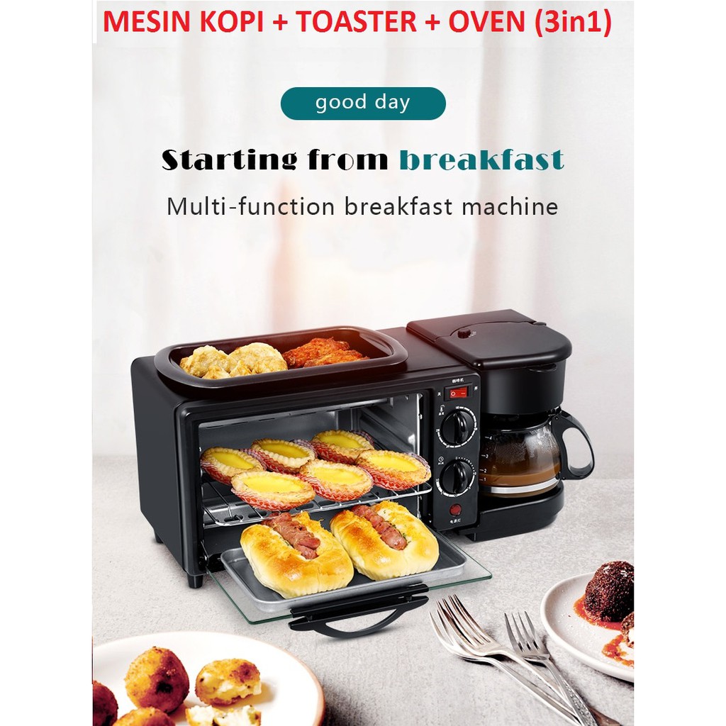 Mesin Kopi Toaster Oven / Breakfast Machine 3 in 1 Toaster Oven Mesin Kopi Grill Pan 640+450W