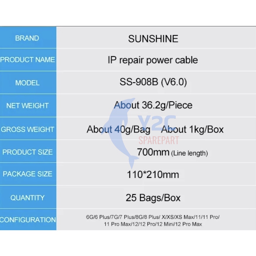 KABEL POWER SUPPLY SUNSHINE SS-908B UNTUK 6G - 12 PRO MAX / ALAT SERVIS HP LENGKAP MURAH