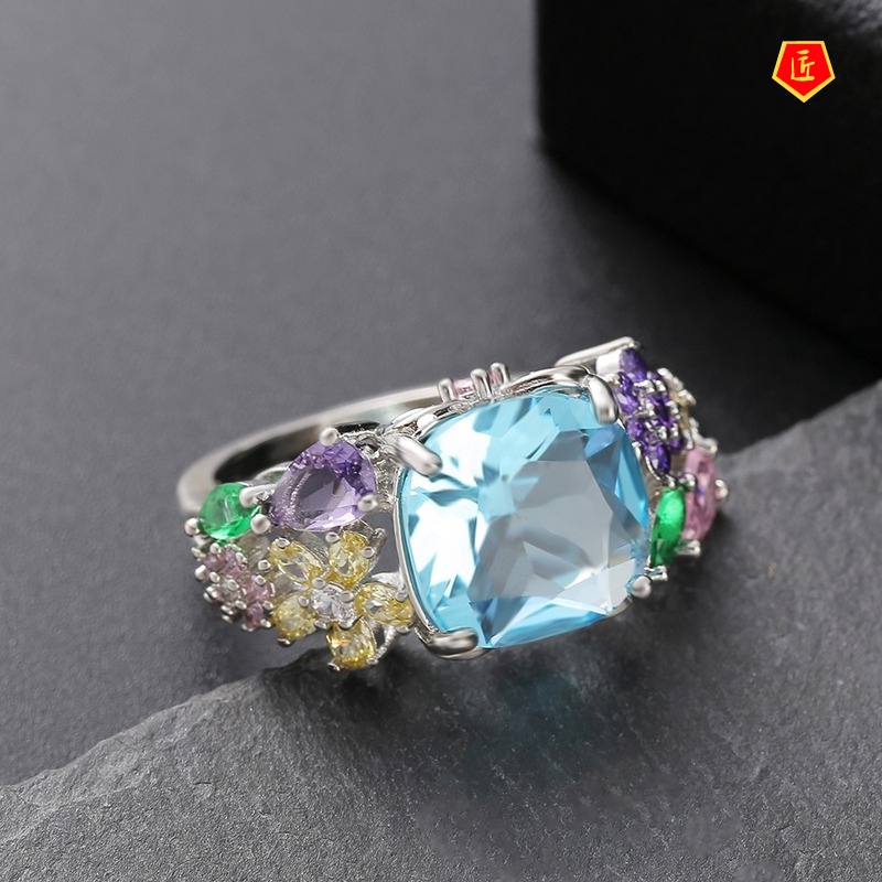 [Ready Stock]Colorful Gemstone Square Ring Sweet and Elegant