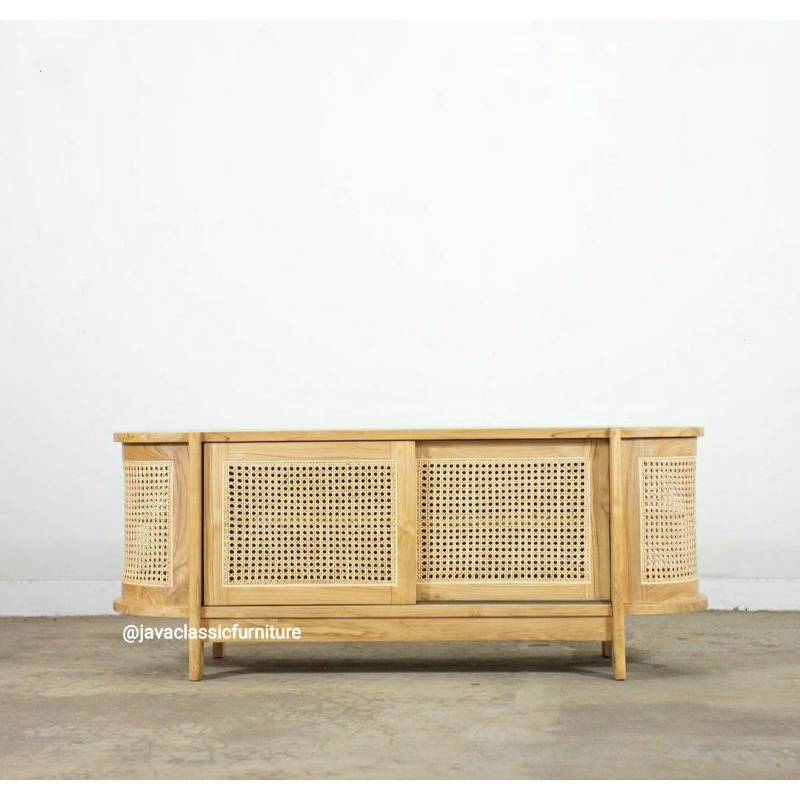 BUFET ROTAN KAYU JATI CABINET TV RETRO MINIMALIS SCANDINAVIA RATTAN FINISHING BLEACHING NATURAL FURN