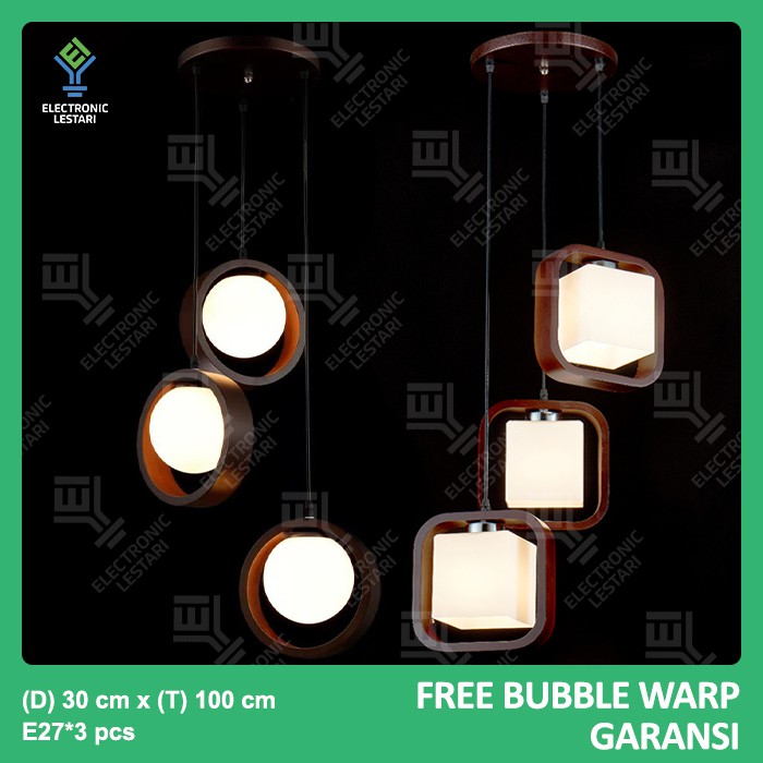 Lampu Hias Gantung Ruang Tamu Kamar Minimalis Kayu Isi 3 Kotak Lingkaran