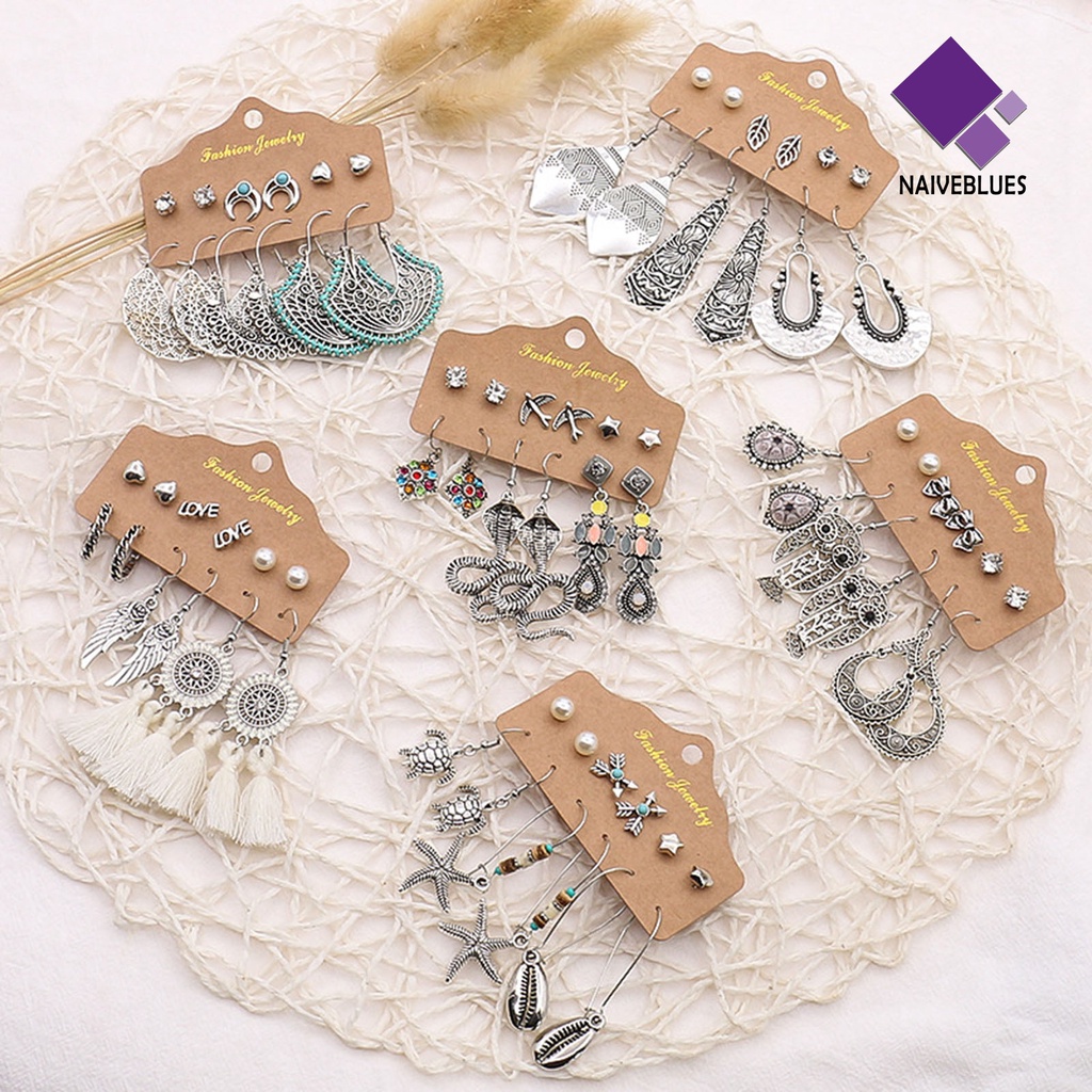 6 Pasang Anting Stud Rumbai Bentuk Daun Geometris Hollow Bahan Alloy Gaya Etnik