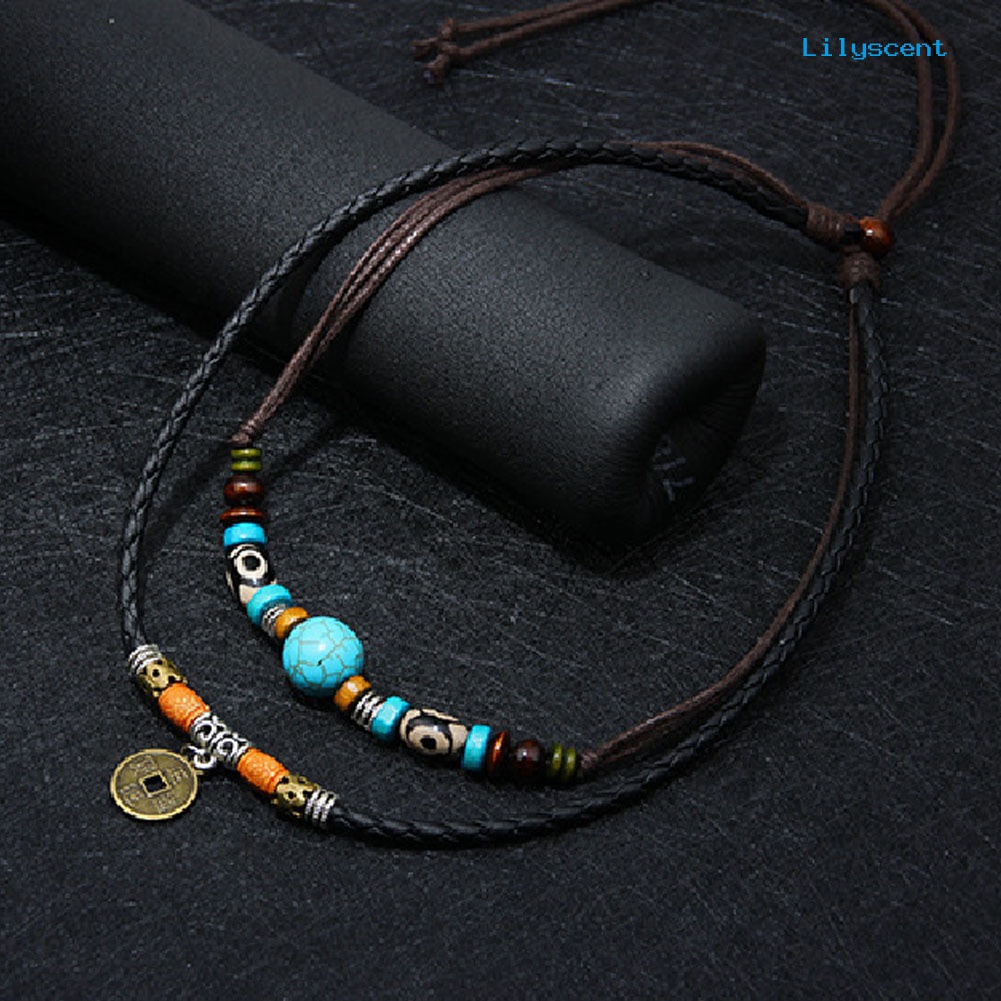 Kalung Choker Multilayer Dengan Liontin Koin Manik-Manik Turquoise Imitasi Untuk Pria