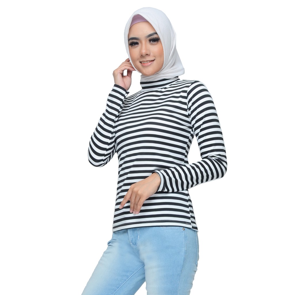 Kaos Tshirt lengan Panjang Leher tinggi corak salur muslim wanita  - XSHOP Viomine