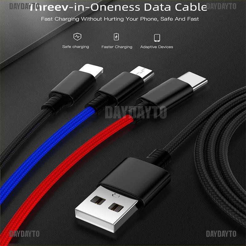 (DAYDAYTO) 3in1 Kabel Data / Charger Micro USB / Type C / Lightning 8 Pin Untuk Smartphone