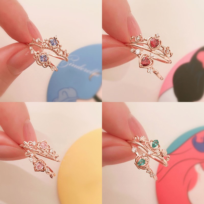 Set Perhiasan Cincin Kalung 925 Silver Batu Mahkota Princess Disney 18K Rose Gold Model Terbuka Dapat Disesuaikan