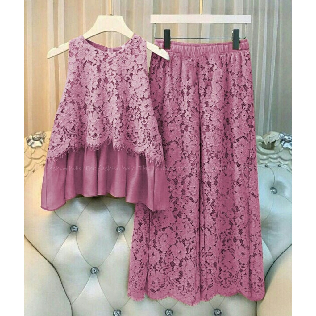 Setelan Wanita kekinian (PINK DUSTY) bahan brokat kombinasi spandex balon