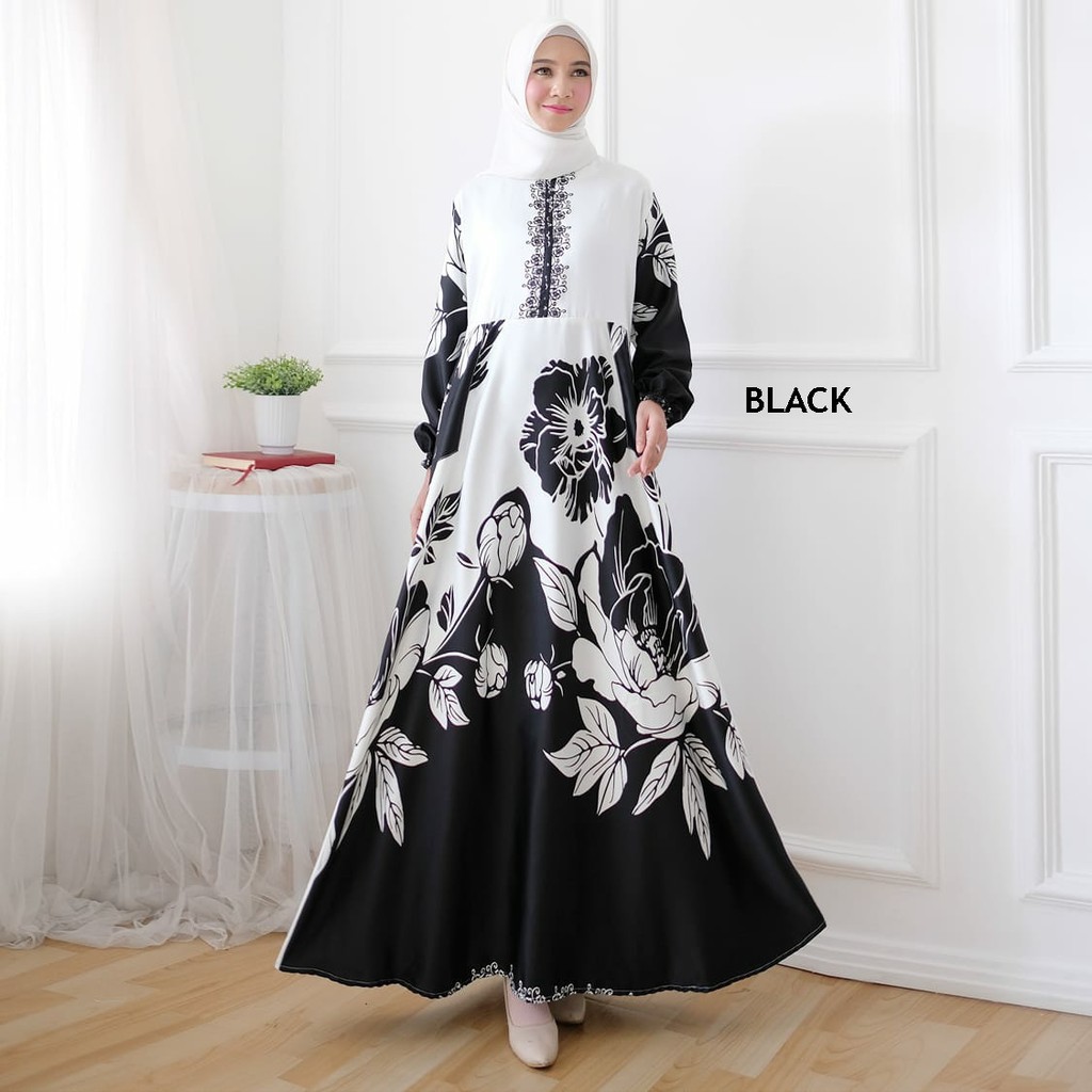 Gamis Maxi Dress bahan Maxmara Motif Bunga Fashion Muslim Wanita Sabiza