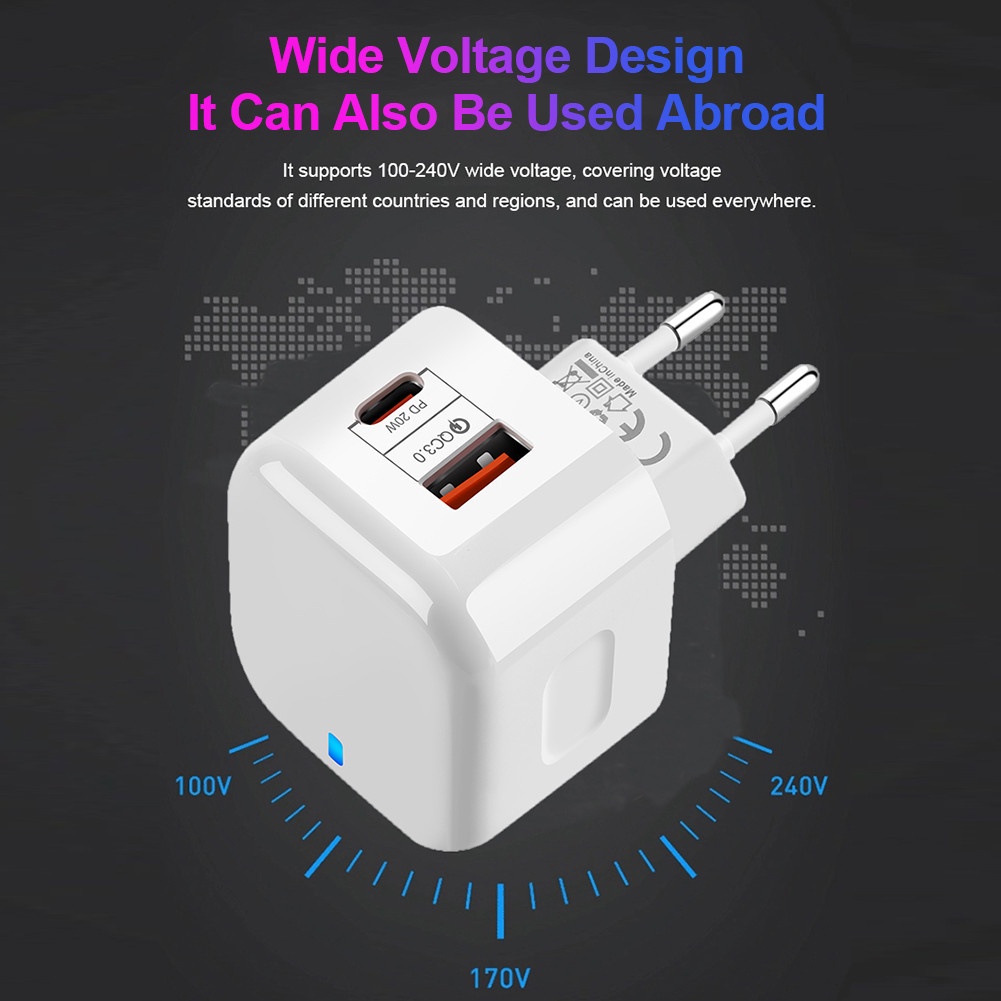 Adapter Power Charger Dinding 2 Port USB-C QC3.0 Tipe C 20W Fast Charging Untuk Iphone / Android