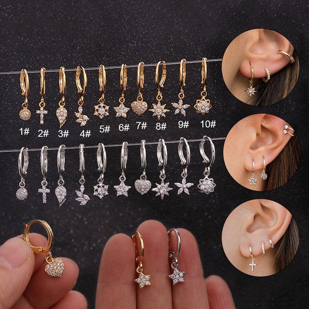 Needway Menjuntai Anting Bulat Warna Emas/ Perak Bunga Bintang Cinta Hati Aksesoris Fashion Hoop Earing