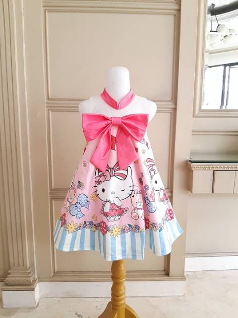 81098 HELLO KITTY RIBBON RED PINK BLUE / DRESS HELLOKITTY ANAK /GAUN PESTA ULANG TAHUN IMPORT KOREA