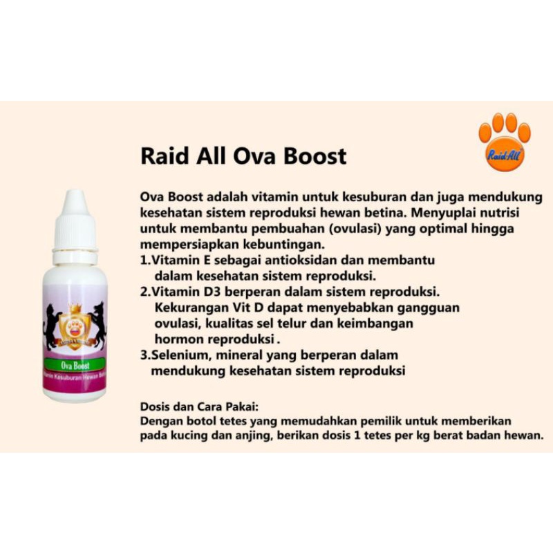 Ova Boost Raid All Tetes 30 ml Vitamin Suplemen Kesuburan Vitamin E D3 Selenium Nutrisi Pembuahan Cat Dog 30ml