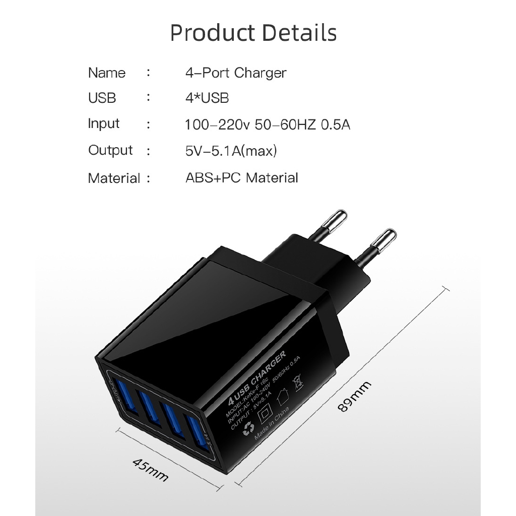 Fast Charger 4 USB Ports EU Plug LED 5V/5.1A Mobile Wall Charge