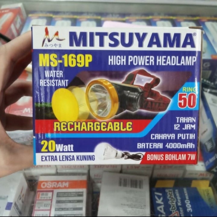 Senter Kepala Cas LED 20watt mitsuyama MS-169p Lensa Kuning Fre Bohlam