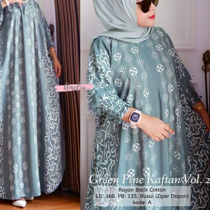 Burgundy Kaftan Batik Modern Metasha Green Pine Kaftan Size Jombo XXXXL Motif Cap Encim Warna Soft B