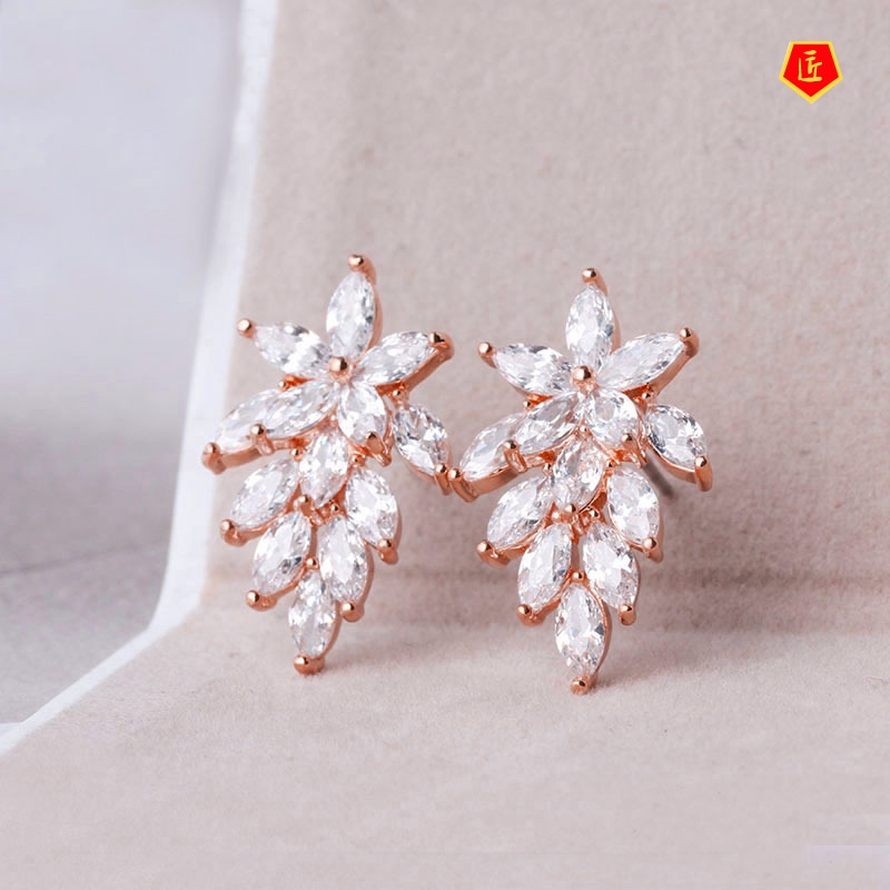 [Ready Stock]New Creative Leaves Bright Crystal Stud Earrings