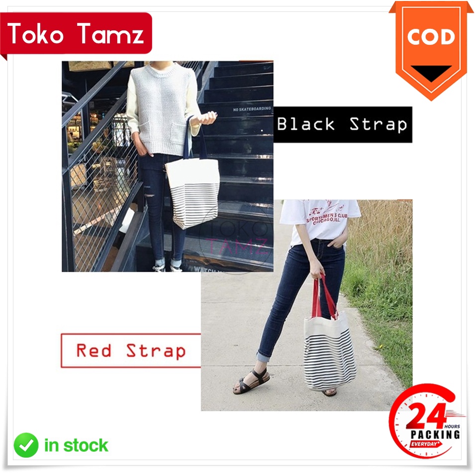 RESLETING Tas Tote CoD MAKASSAR Ready Garis Warna Wanita Korea Shopee tokotamz Online Shop Toko Tamz