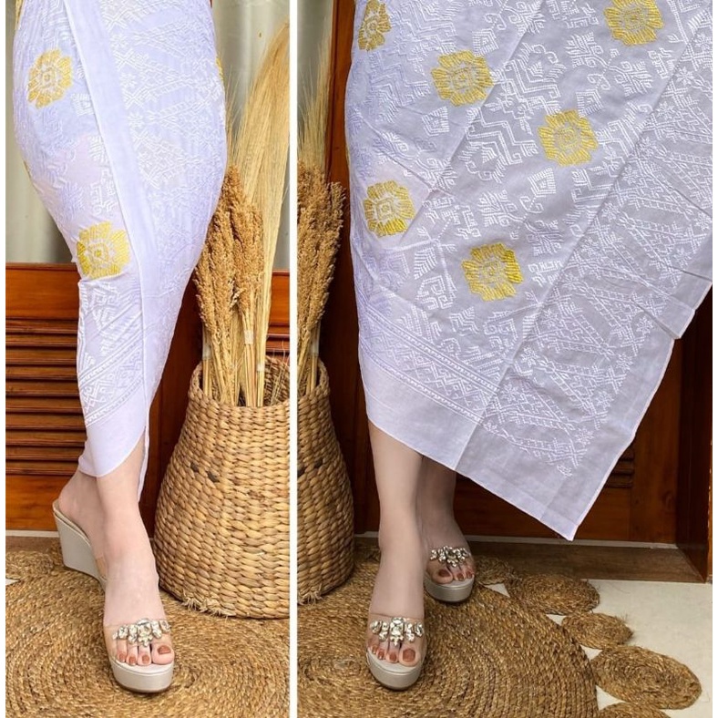 Kamen Katun Full Bordir/ Kamen songket special putih/ Kamen Bali /Kamen Bordir Kuning / Kamen lembar