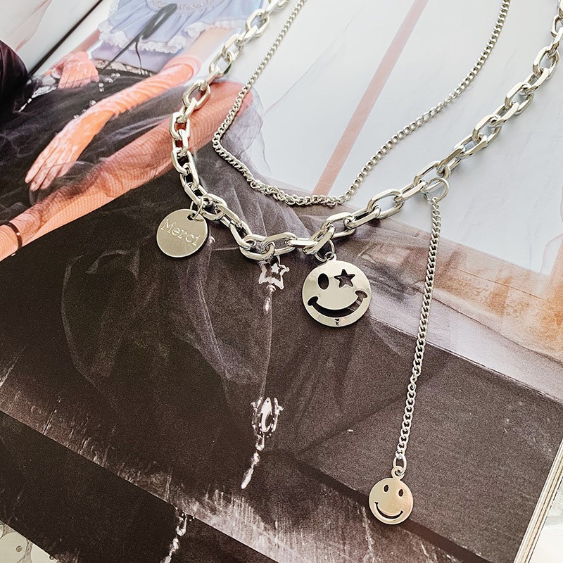 Double-layer chain smiley face fashion pendant clavicle chain necklace