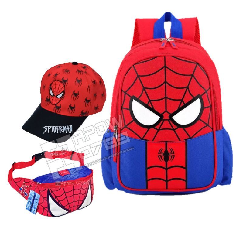 Tas ransel dinir /motif Spiderman / Ransel sekolah anak laki-laki TK/SD FREE Waistbag dan topi baseball anak