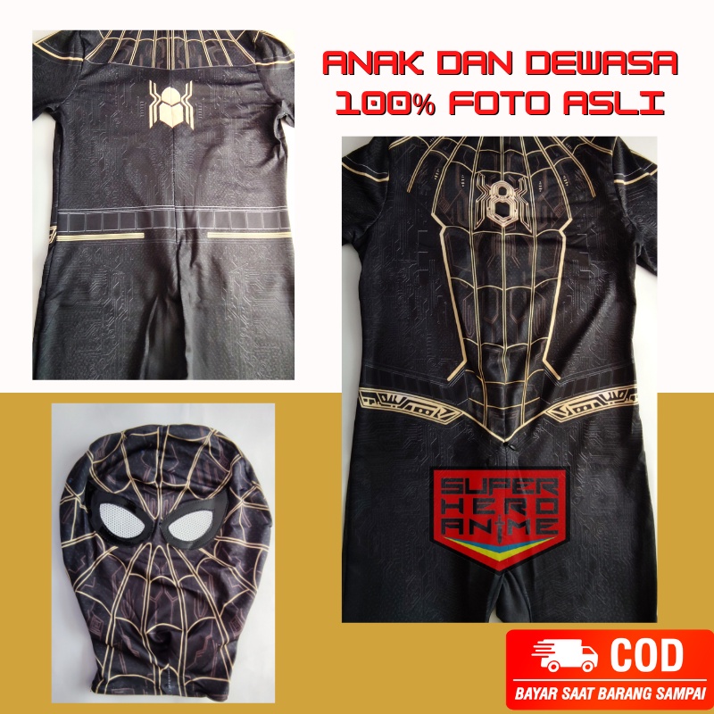 Kostum Spider Man Dewasa Anak No Way Home Hitam Gold Baju Cosplay Costume Spiderman Topeng Superhero Import