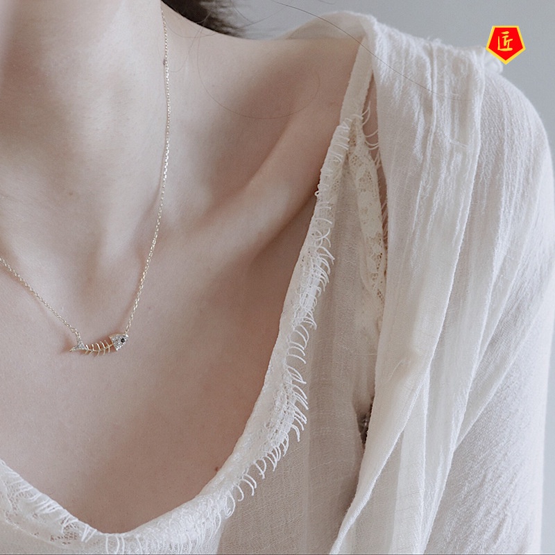 [Ready Stock]925 Silver Fishbone Necklace Korean Style Simple and Elegant