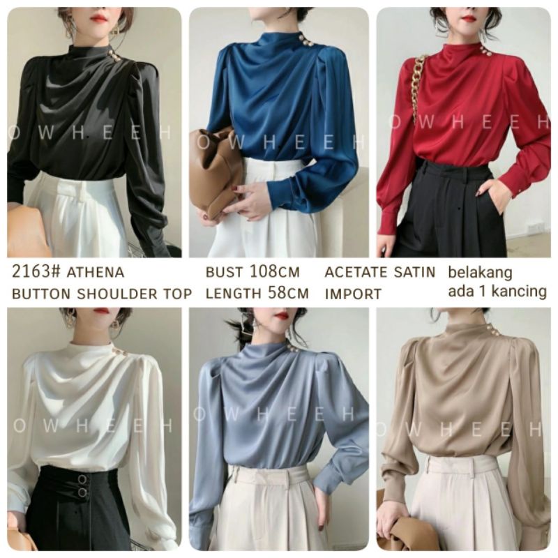 Stories ~ 2163# Athena button shoulder top Satin Blouses Premium Blouse Import Atasan Satin Lengan P