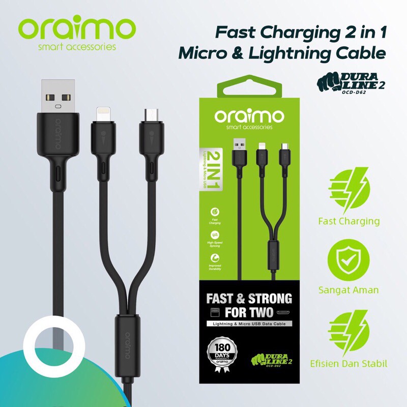 Oraimo OCD-D62 Kabel Data 2in1 Fast Charging Micro USB dan Lightning Data Cable Charger - Garansi 1 Tahun