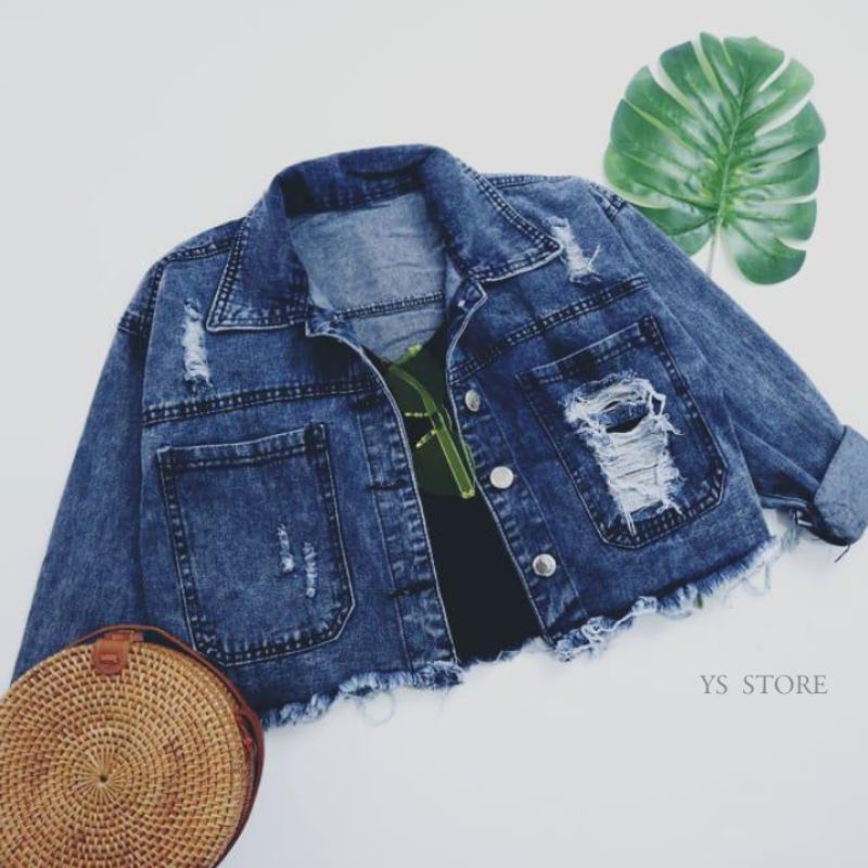 Jaket crop sobek terbaru /Jaket jeans crop wanita model saku sobek bawah rawis