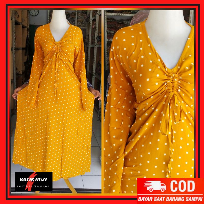 Dress Maxi Kekinian Terbaru Daster Rayon Polkadot Serut Dada Lengan Karet Drees Gamis Lengan Panjang