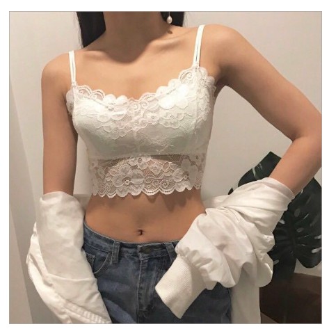 cd 477BRA LACE CROP TALI DOUBLE ADA CUP BRA BRALETTE WANITA TANK TOP