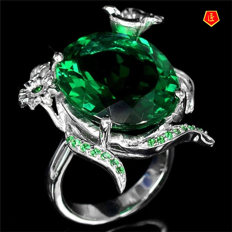 [Ready Stock]Inlaid Emerald Turtle-Shaped Ring Creative Graceful Personality