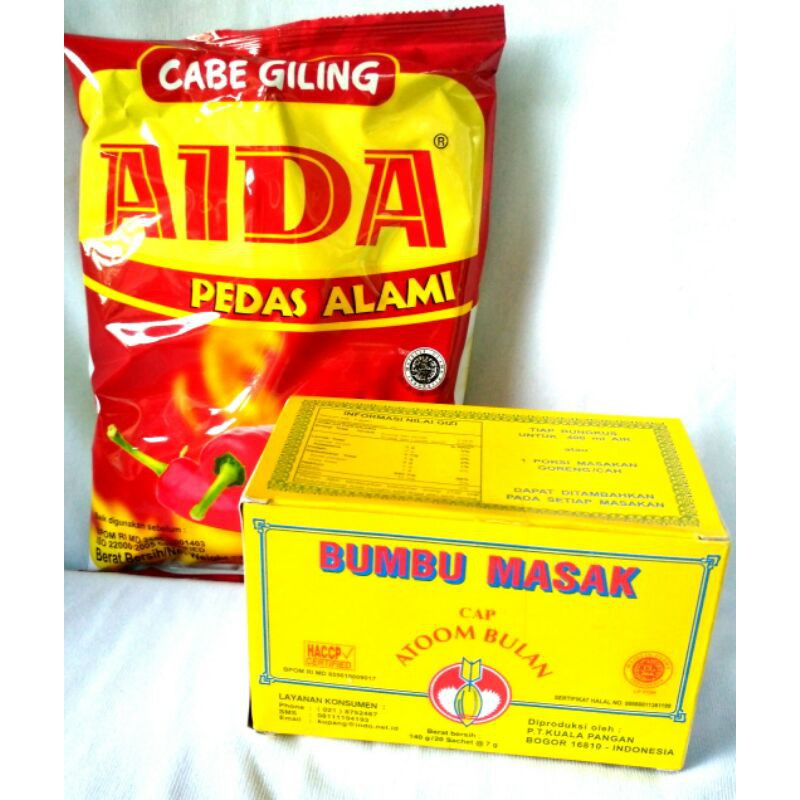 

BUMBU PENYEDAP RASA CABE GILING AIDA 250 GRAM DAN BUMBU MASAK CAP ATOM BULAN