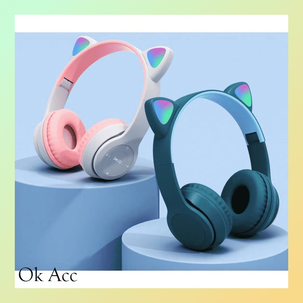 Headset Wireless Bluetooth tanpa kabel Bando Ear Cat LED Game gamer